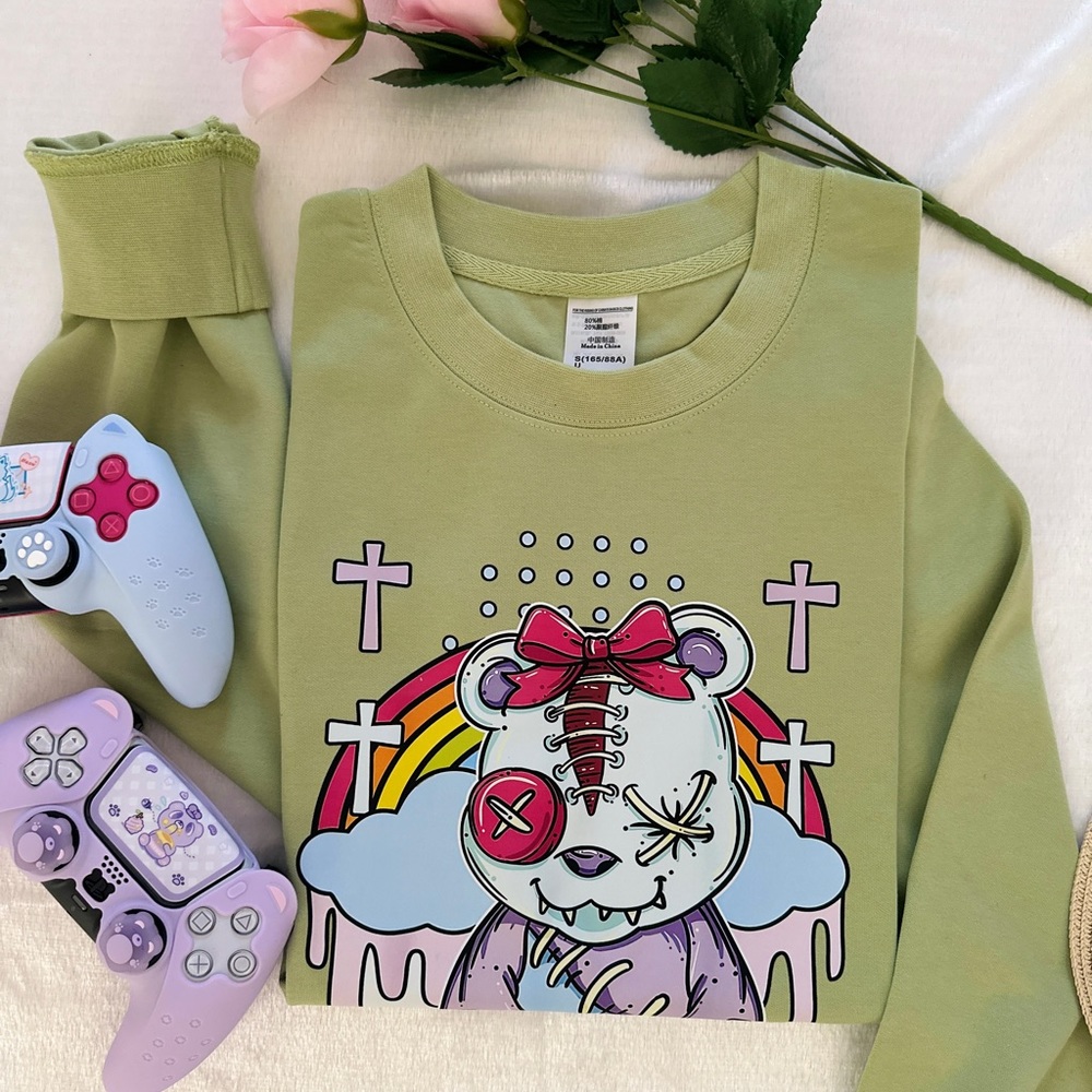 High Quality Cute Psycho Sick Teddy Bear Graphic Sweatshirt For Unisex In Small